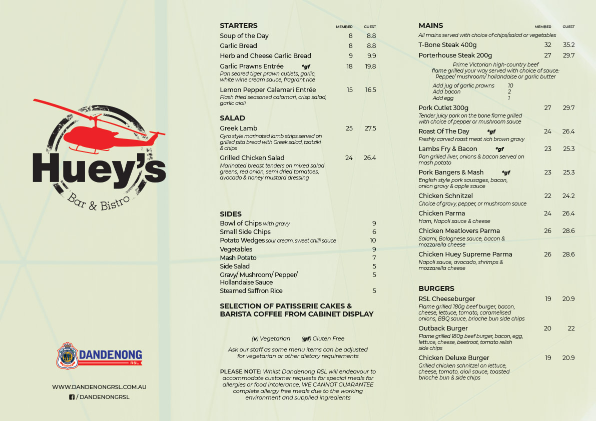 HUEYS MENU Dandenong RSL
